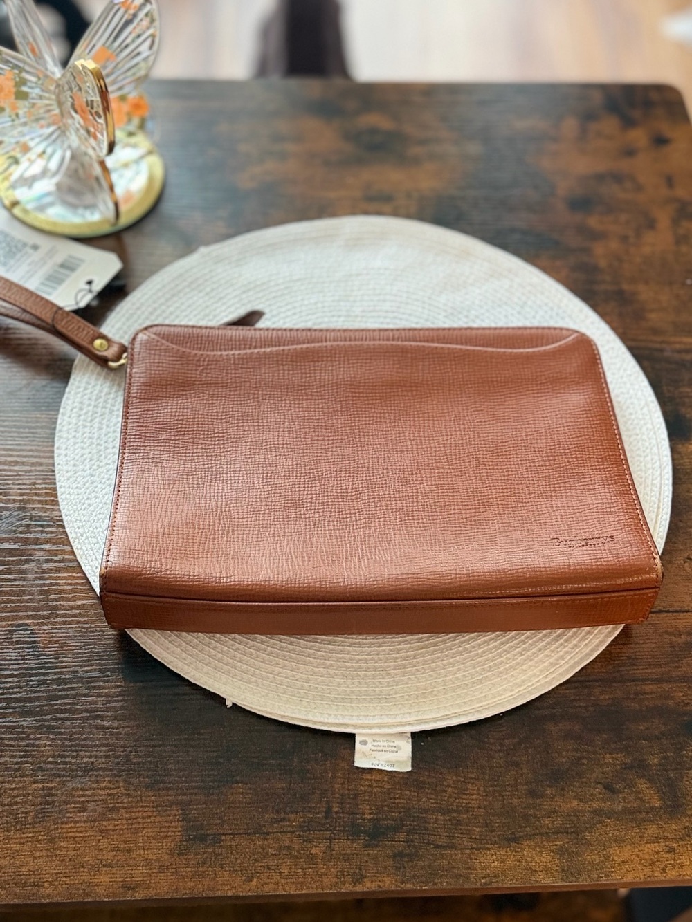 Vintage Brown Textured Leather Wristlet Clutch Pouch Zip